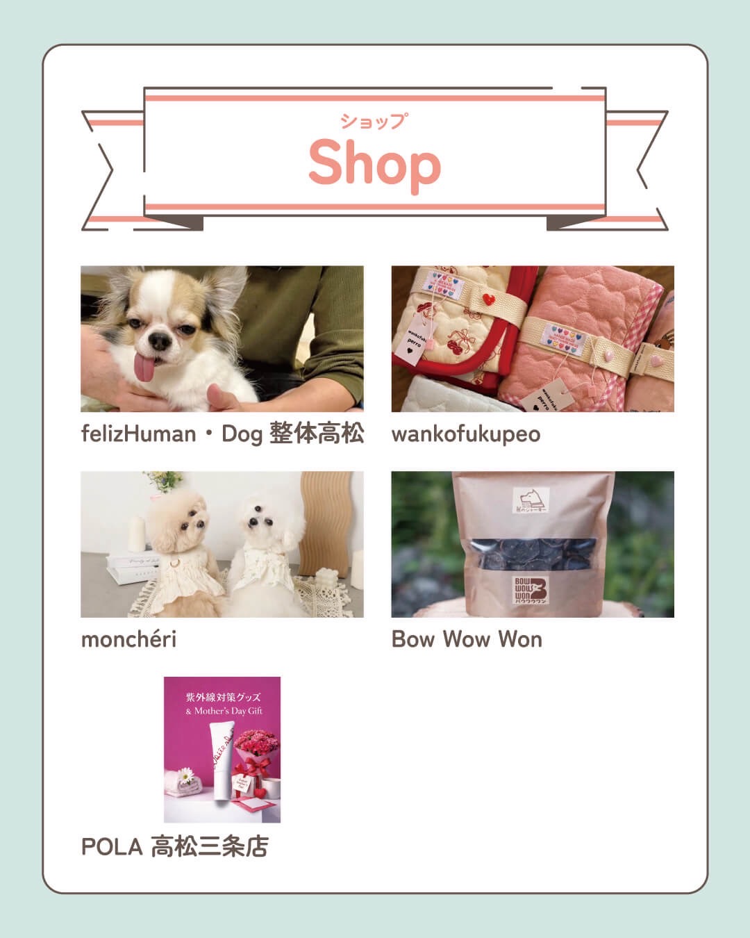 Shop page banner showing four product photos: a small dog being held, pink pet accessories, two fluffy dogs in dresses, and a bag of dog treats plus a poster image.